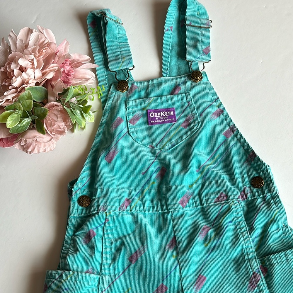 OshKosh B’Gosh Vestbak Bib Overalls Corduroy Floral Print Size 6 Aqua 90s VTG